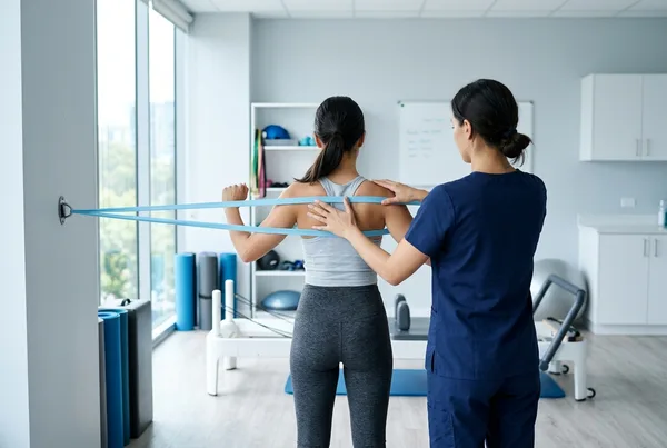 Ćwiczenie rehabilitacyjne z taśmą oporową pod okiem fizjoterapeuty