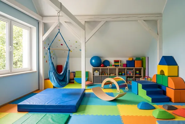 Kolorowa sala do terapii integracji sensorycznej z huśtawką terapeutyczną i materacami