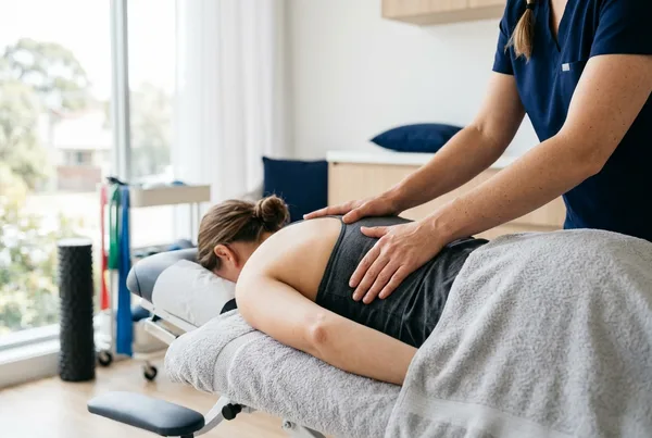 Terapia manualna pleców na leżance - dłonie fizjoterapeuty podczas zabiegu